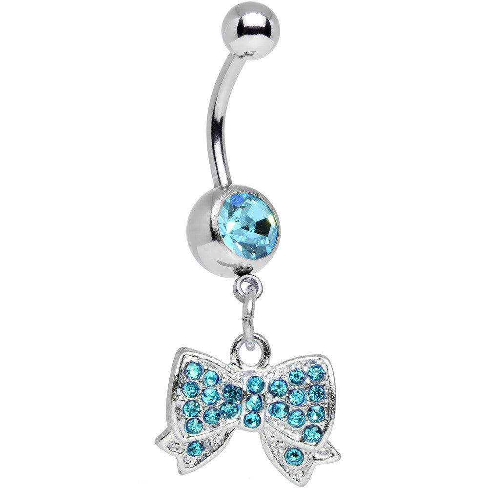 Aqua Gem Bedecked Bow Tie Dangle Belly Ring