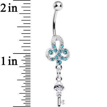 Aqua Gem Sparkling Clover Glamour Key Dangle Belly Ring