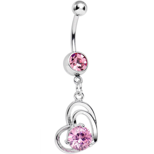 Pink Cubic Zirconia Smitten By Love Twin Heart Dangle Belly Ring