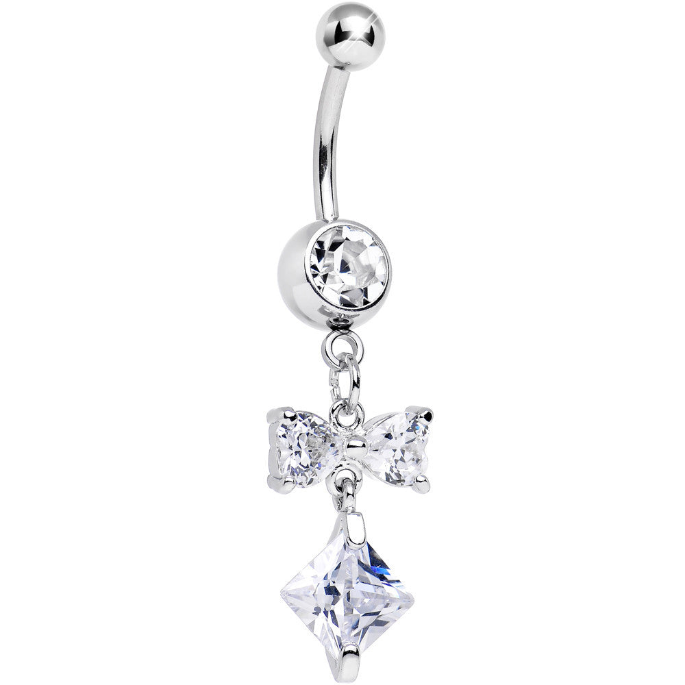 Clear Cubic Zirconia Bow Tie Square Charm Dangle Belly Ring