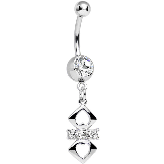 Clear Cubic Zirconia Double Heart Cut Out Dangle Belly Ring