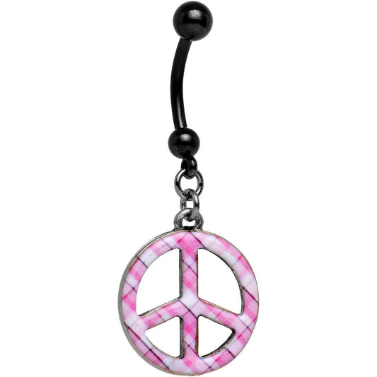 Black Anodized Titanium Pink Plaid Peace Symbol Dangle Belly Ring