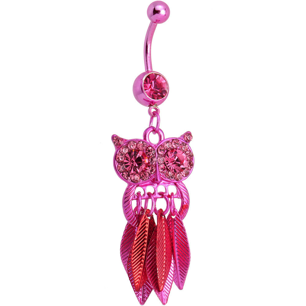 Pink Gem Pink Stainless Steel Astute Owl Dangle Belly Ring