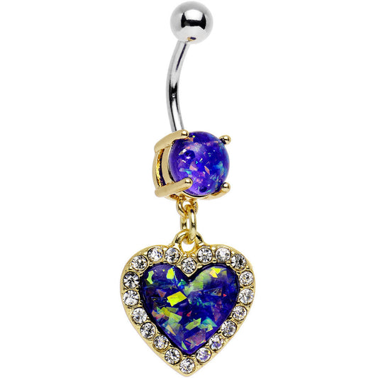 Dark Purple Imitation Opal Gold Plated Framed Heart Dangle Belly Ring