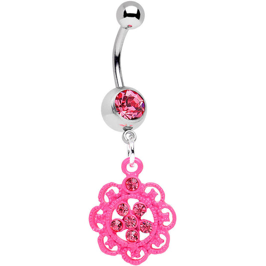 Pink Gem Lacy Pink Flower Dangle Belly Ring