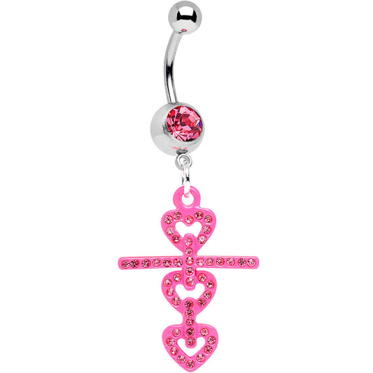 Pink Gem Cross of Pink Hearts Dangle Belly Ring