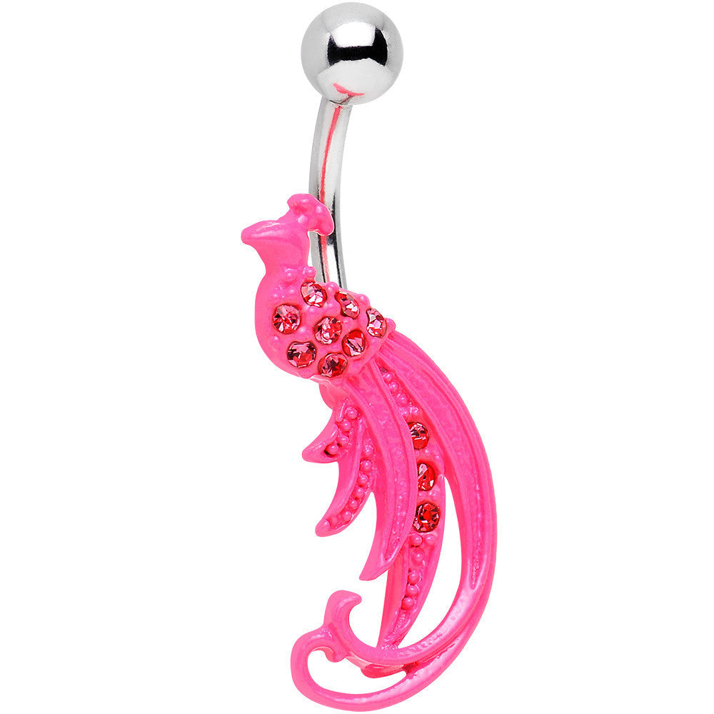 Pink Gem Studded Glamorous Pink Peacock Belly Ring