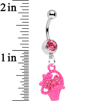 Pink Gem Bow Tied Pink Flower Basket Dangle Belly Ring