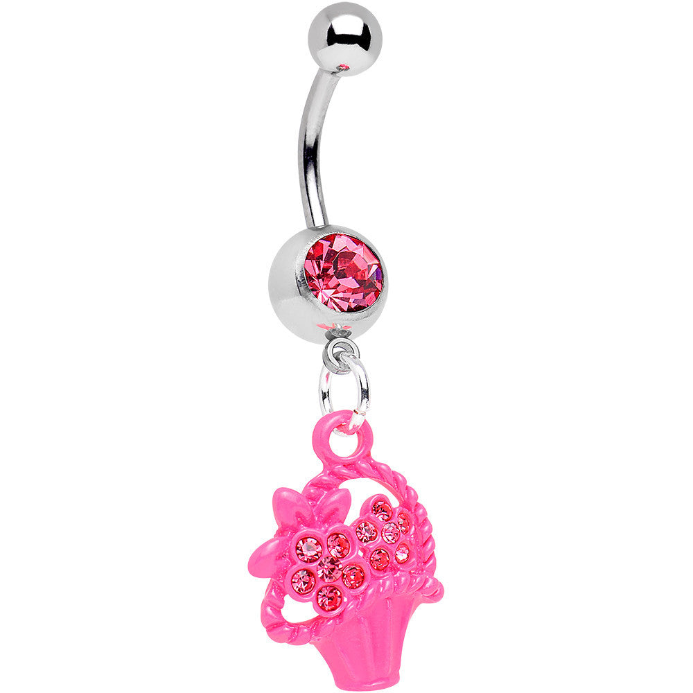 Pink Gem Bow Tied Pink Flower Basket Dangle Belly Ring