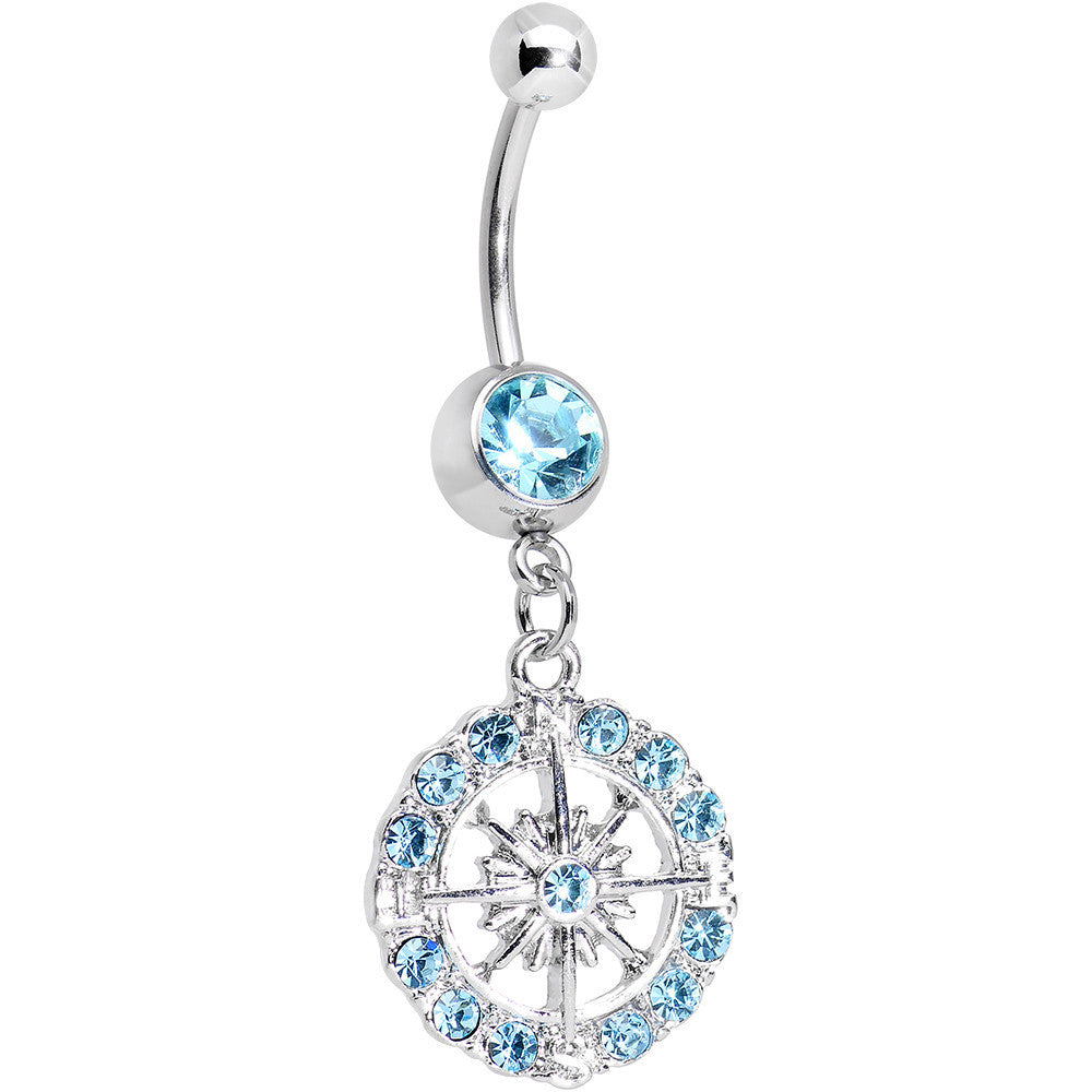 Aqua Gem Brilliant Sunburst Flower Dangle Belly Ring