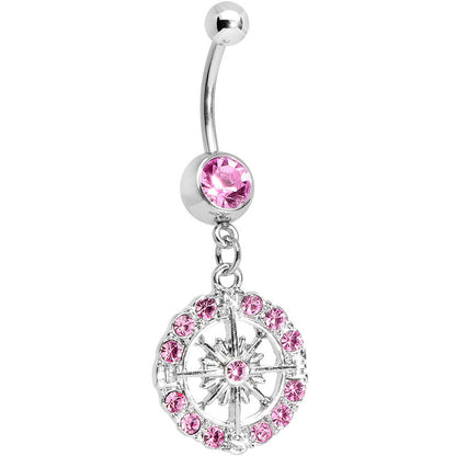 Pink Gem Brilliant Sunburst Flower Dangle Belly Ring