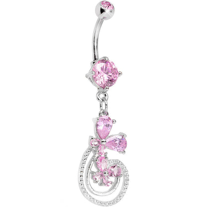 Pink Cubic Zirconia Dazzling Duo Flowering Butterfly Dangle Belly Ring