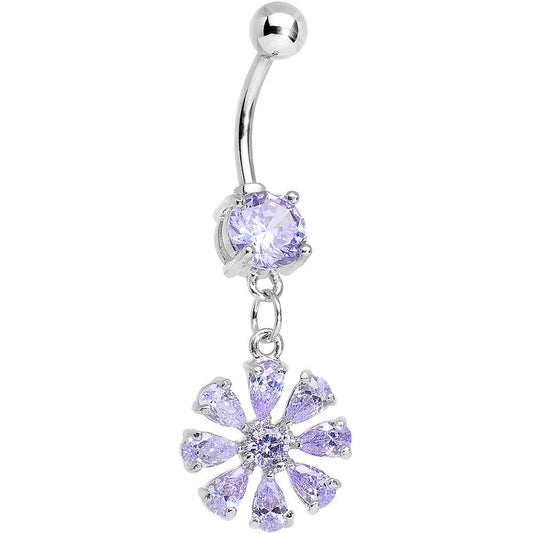 Purple Cubic Zirconia Mandala Flower Dangle Belly Ring