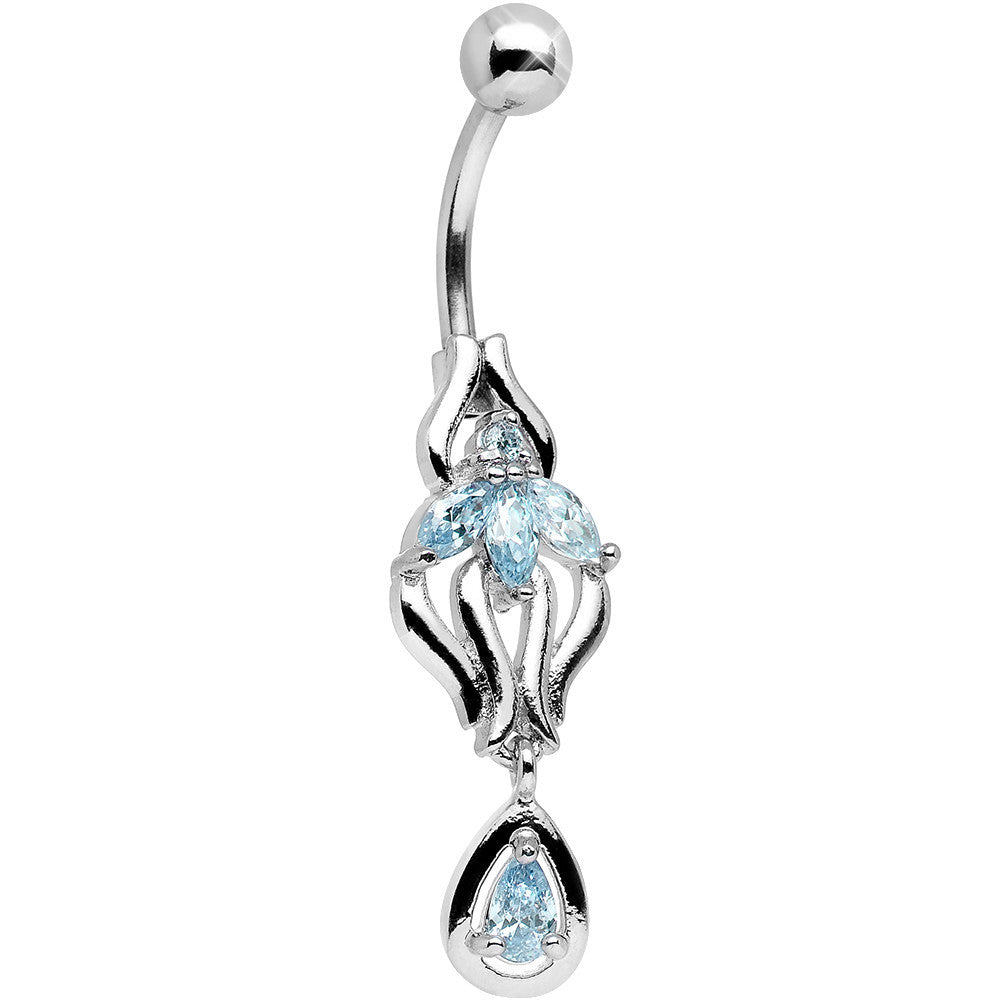 Aqua Cubic Zirconia Ornate Orchid Flower Dangle Belly Ring