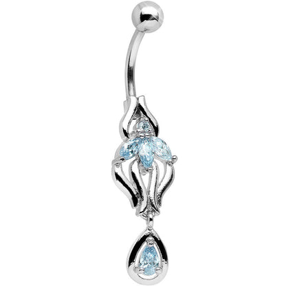 Aqua Cubic Zirconia Ornate Orchid Flower Dangle Belly Ring