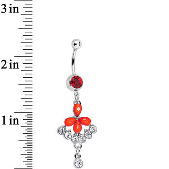 Red Gem Clear Drops Glittery Flower Dangle Belly Ring