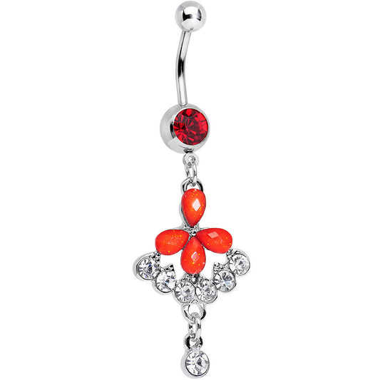 Red Gem Clear Drops Glittery Flower Dangle Belly Ring