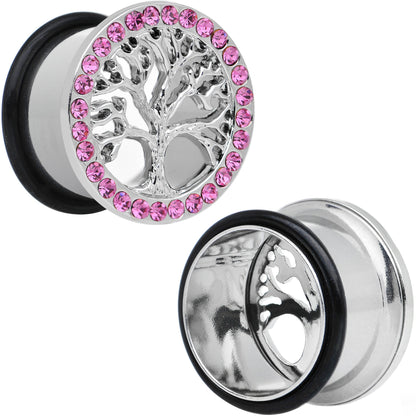 11/16 Pink Gem Stainless Steel Single Flare Tree of Life Plug Set