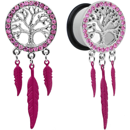 11/16 Pink Gem Steel Single Flare Tree of Life Dangle Plug Set