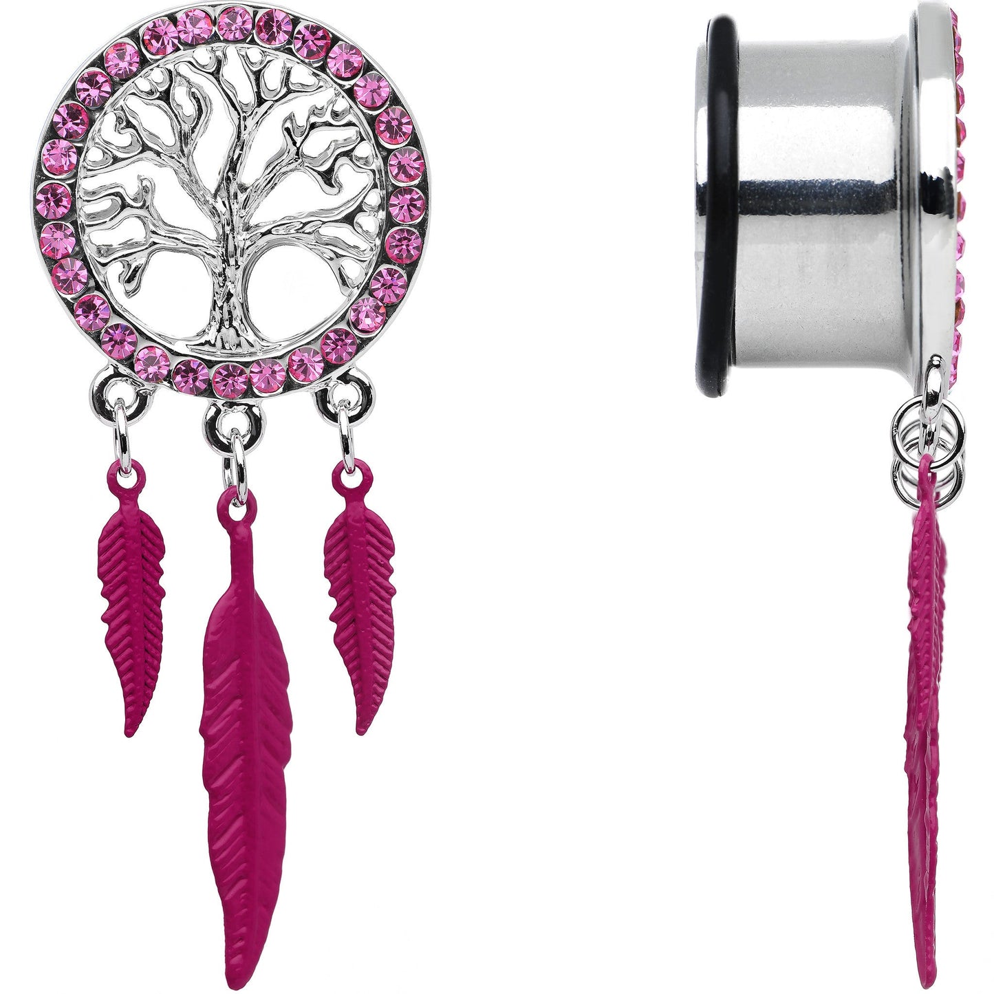 11/16 Pink Gem Steel Single Flare Tree of Life Dangle Plug Set