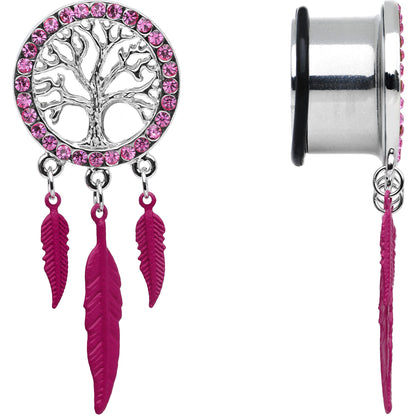 11/16 Pink Gem Steel Single Flare Tree of Life Dangle Plug Set