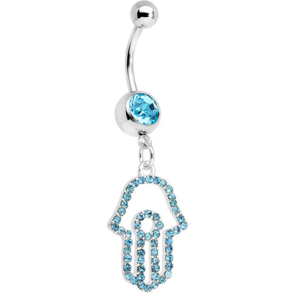 Aqua Paved Hamsa Hand Dangle Belly Ring