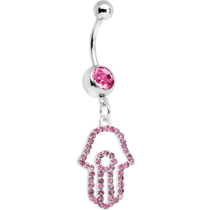 Pink Paved Hamsa Hand Dangle Belly Ring