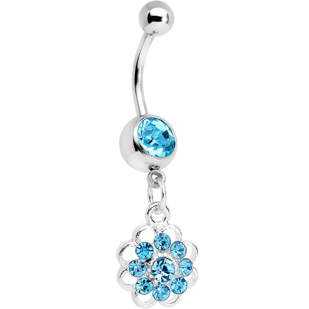 Aqua Gem Blossoming Flower Dangle Belly Ring