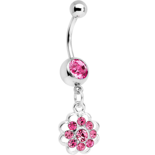 Pink Gem Blossoming Flower Dangle Belly Ring