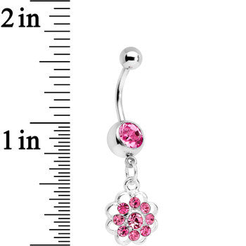 Pink Gem Blossoming Flower Dangle Belly Ring