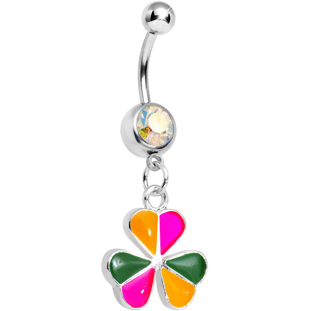 Aurora Gem Pink Orange Green Clover Dangle Belly Ring