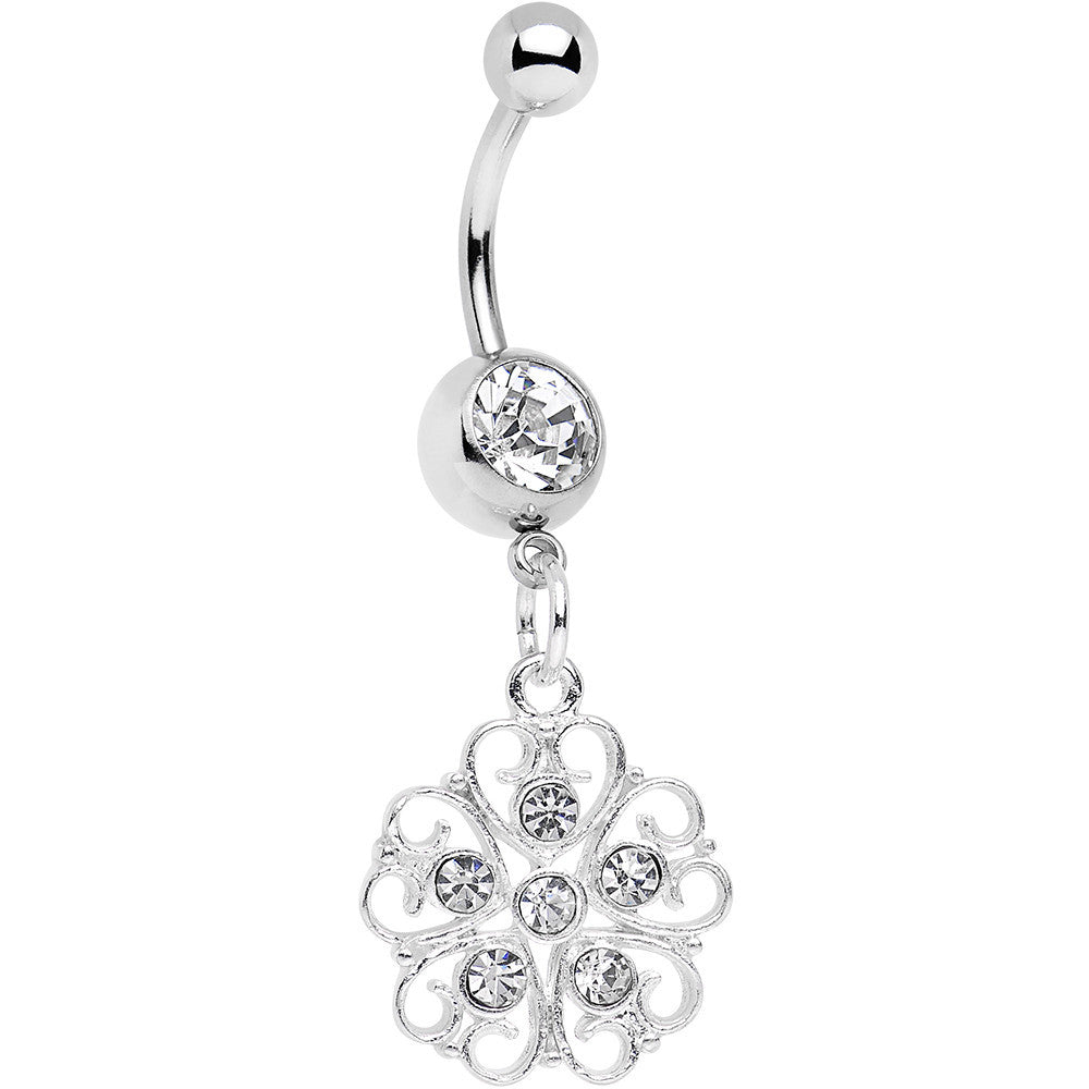 Clear Gem Flower Heart Dangle Belly Ring