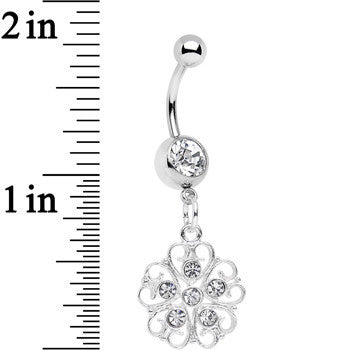 Clear Gem Flower Heart Dangle Belly Ring