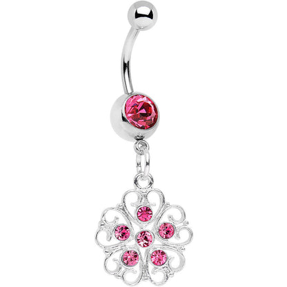 Pink Gem Flower Heart Dangle Belly Ring