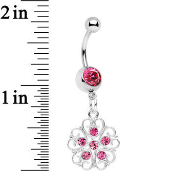 Pink Gem Flower Heart Dangle Belly Ring