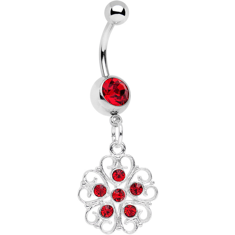 Red Gem Flower Heart Dangle Belly Ring