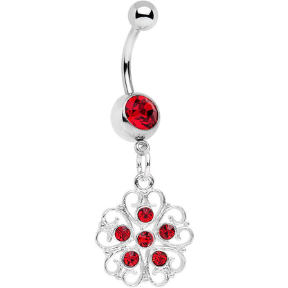 Red Gem Flower Heart Dangle Belly Ring