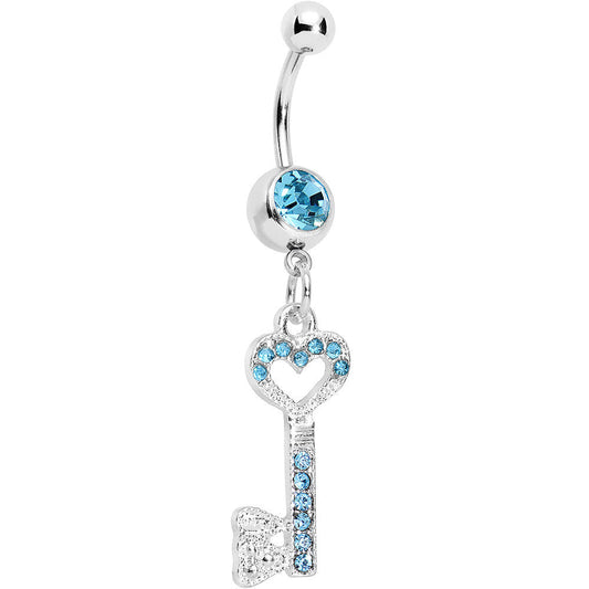 Aqua Gem Key to Unlock Love Dangle Belly Ring