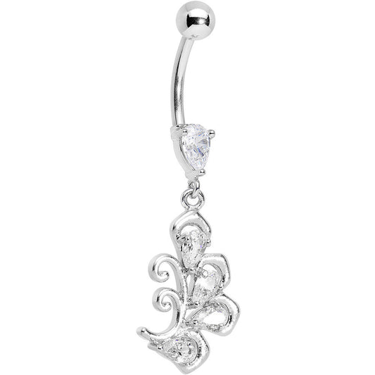 Clear Cubic Zirconia Palm Leaf Dangle Belly Ring