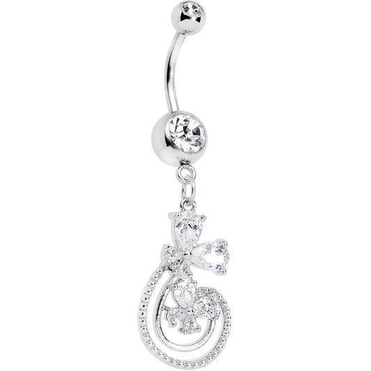 Clear Cubic Zirconia Swirl Flowers Dangle Belly Ring