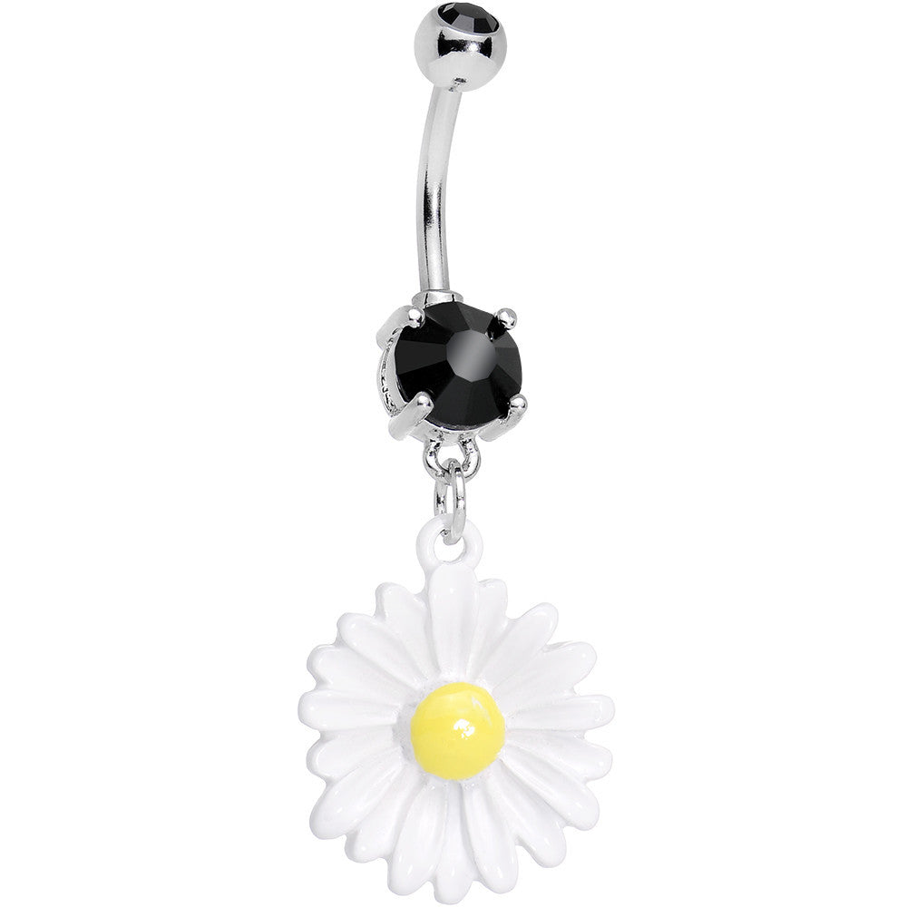 Black Cubic Zirconia White Daisy Flower Dangle Belly Ring