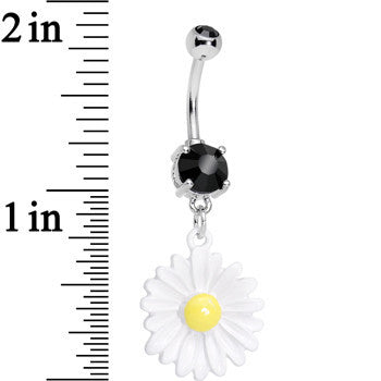 Black Cubic Zirconia White Daisy Flower Dangle Belly Ring