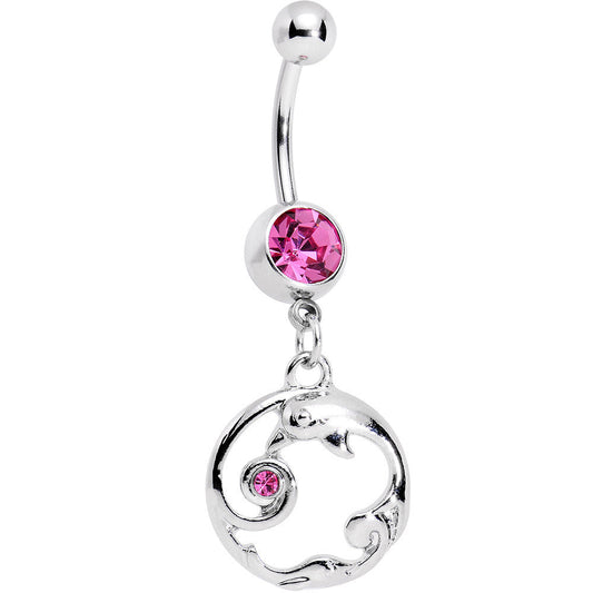 Pink Gem Double Dolphin Swirl Dangle Belly Ring