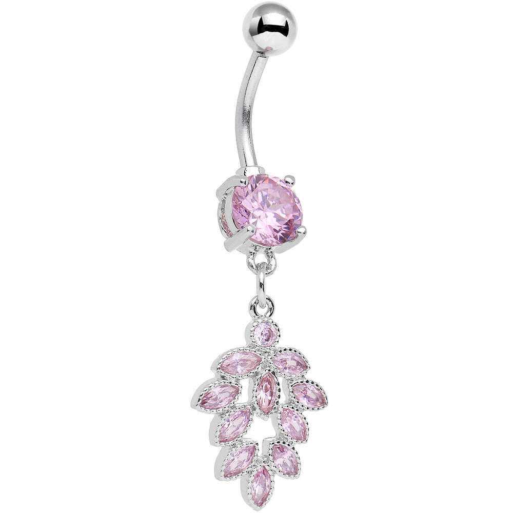 Pink CZ Gem Pretty Petal Leaf Dangle Belly Ring