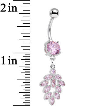 Pink CZ Gem Pretty Petal Leaf Dangle Belly Ring