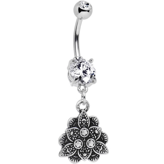 Double Clear Gem Incan Flower Dangle Belly Ring