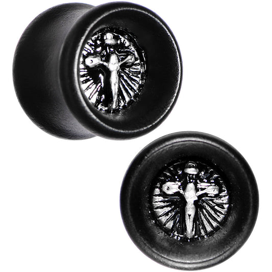 1/2 Black Organic Beechwood Stainless Steel Cross Saddle Plug Set