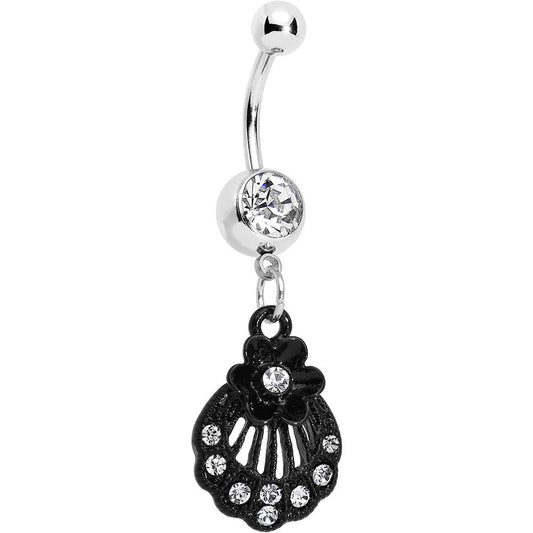 Clear Czech Stone Black Floral Seashell Dangle Belly Ring