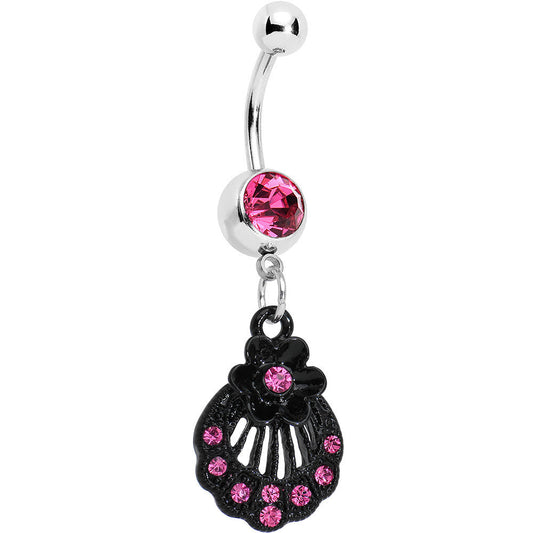 Pink Czech Stone Black Floral Seashell Dangle Belly Ring