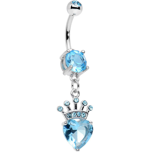 Aqua Gem Claddagh Inspired Heart and Crown Dangle Belly Ring